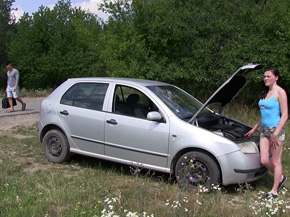 Young girl with broken down car empties a passing guy 1